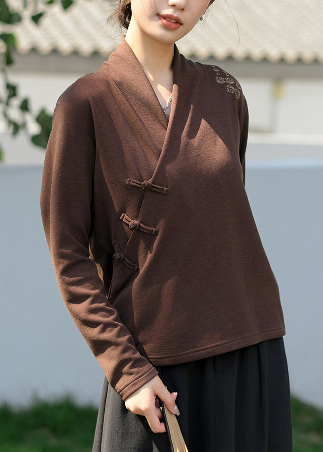 White V Neck Embroidered Oriental Button Cotton Shirt Spring