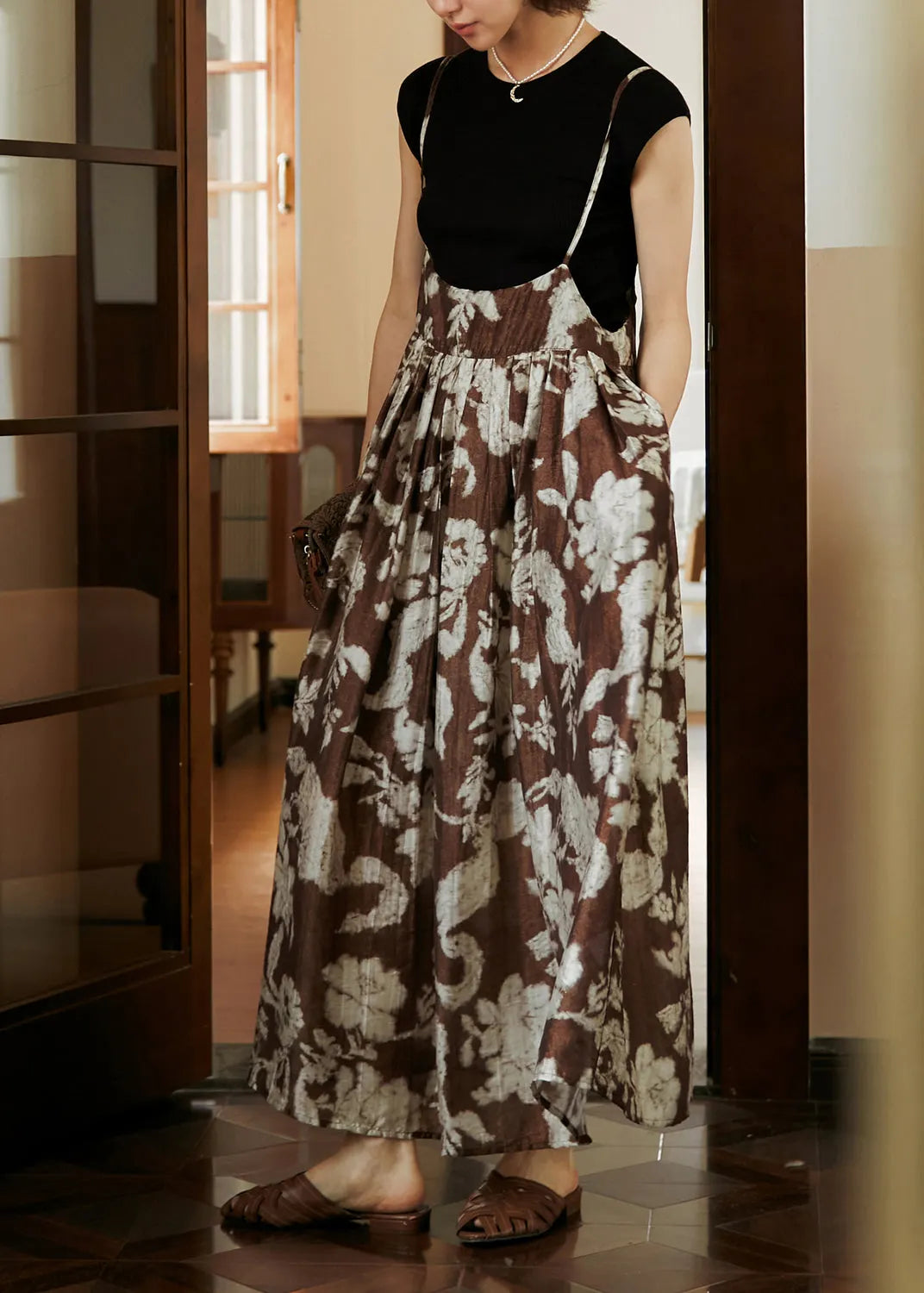 Print Wrinkled Cotton Spaghetti Strap Dress Summer