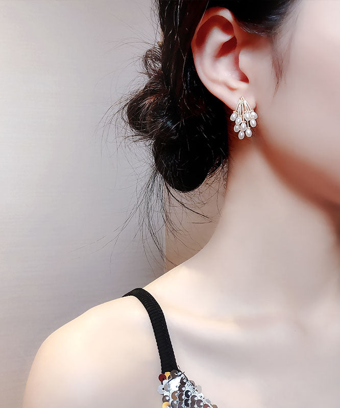 Gold Alloy Pearl Grape Tassel Drop Earrings