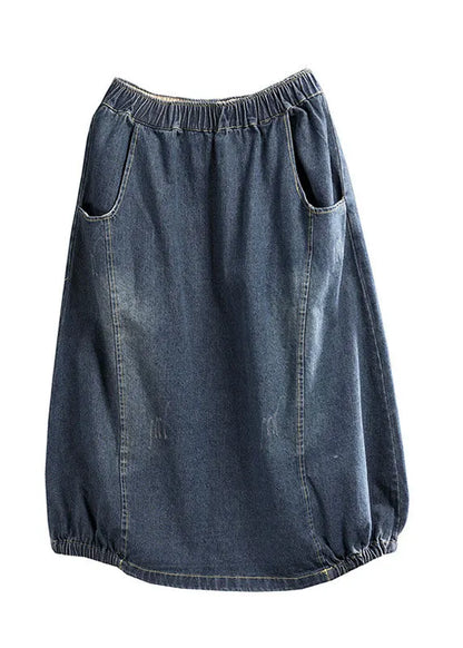Dark Blue Patchwork Denim a Line Skirt Wrinkled Spring
