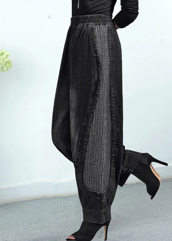 Black Elastic Waist Pockets Patchwork Cotton Pants Trousers Fall