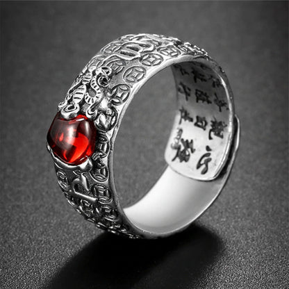 Buddha Stones Fengshui Pixiu Red Garnet Wealth Ring