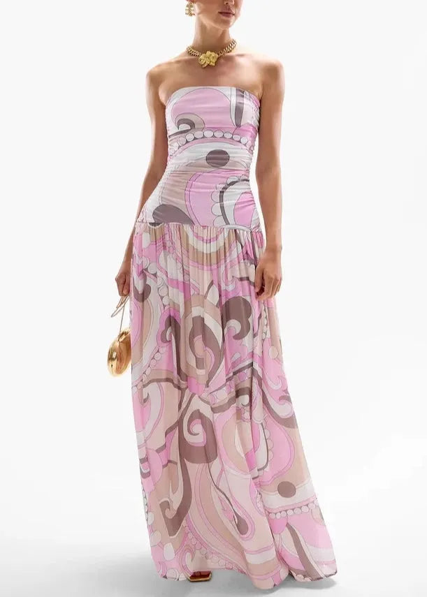 Style Pink Print Wrinkled Chiffon Strapless Dresses Summer