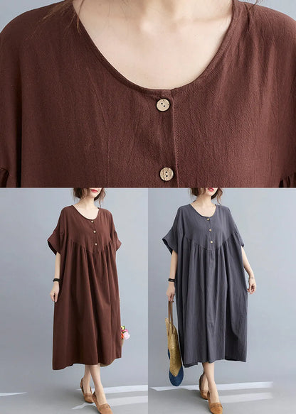 Dark Grey Patchwork Button Long Dresses Short Sleeve