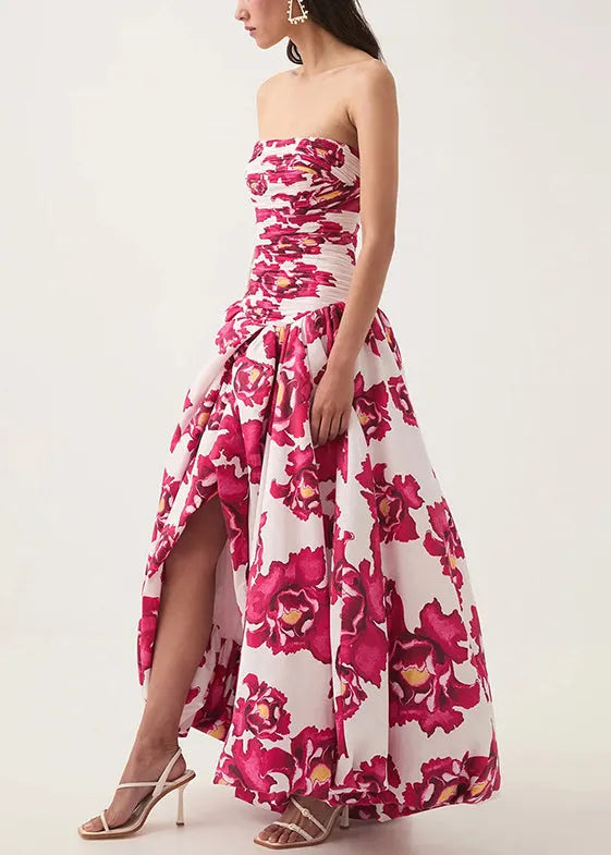 Rose Print Front Open Cotton Long Dresses Sleeveless