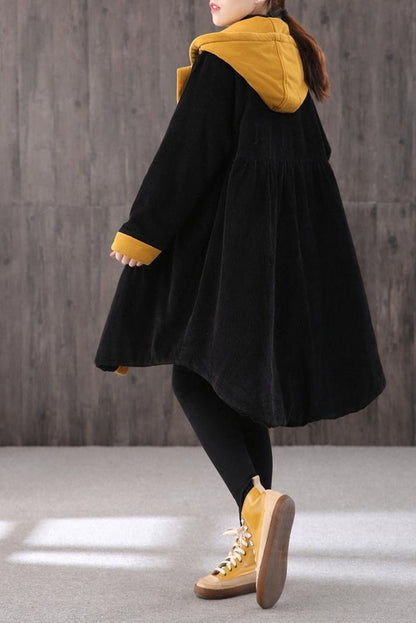 Mid-length Retro Winter Padded Warm Corduroy Coat Hooded Green Trench Coat Corduroy Over Coat