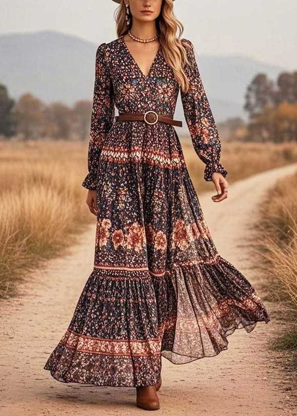 Black V Neck Print Long Dresses Spring