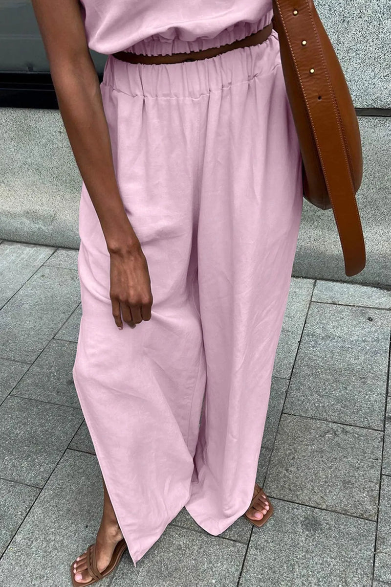 Cotton Linen Tank Top Slit Pants Suits