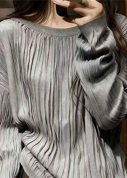 Simple Grey O Neck Wrinkled Cotton T Shirts Spring