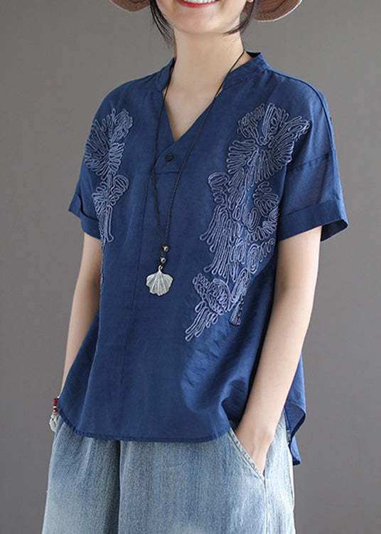 Organic Blue V Neck Embroidered Low High Design Shirts Summer