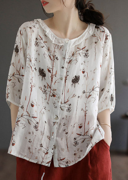 White O-neck Button Linen Shirt Half Sleeve