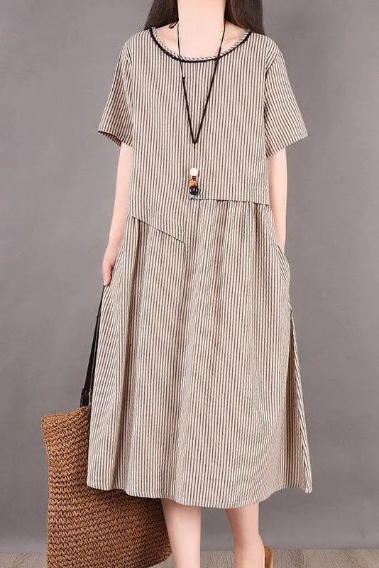 Cotton Irregular Stripes Short Sleeve Midi Dress
