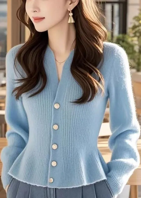 Stylish Blue V Neck Button Knit Sweater Spring