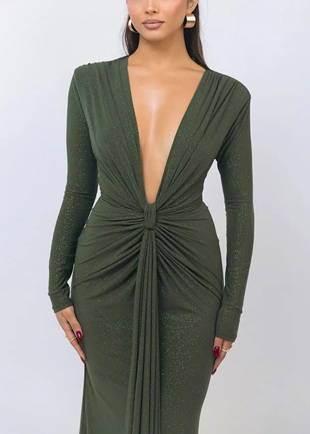 Original Design Green Wrinkled Side Open Robe Dresses