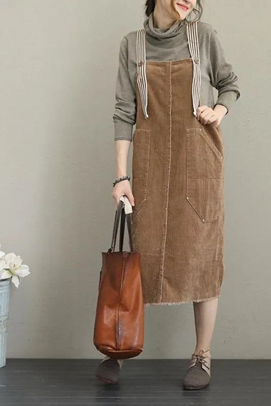 Loose Corduroy Strap Dresses Autumn Outfits