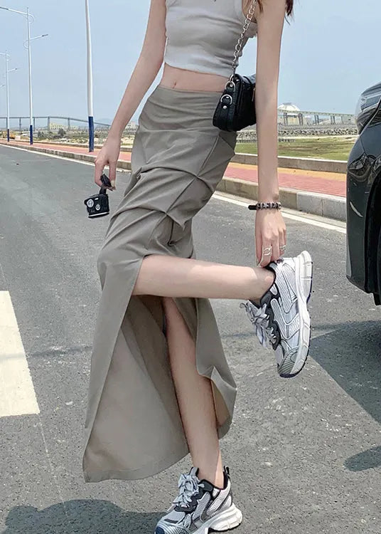 Italian Grey High Waist Wrinkled Side Open Cotton Skirt Summer