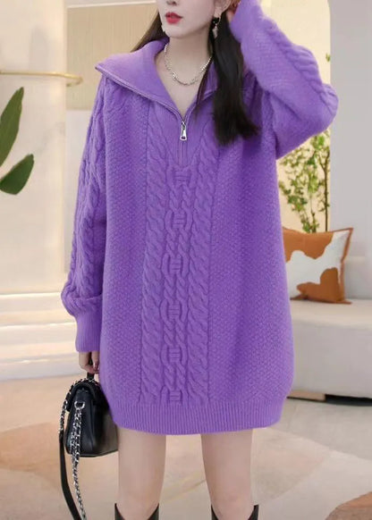 Purple Zip Up Cozy Knit Sweaters Winter