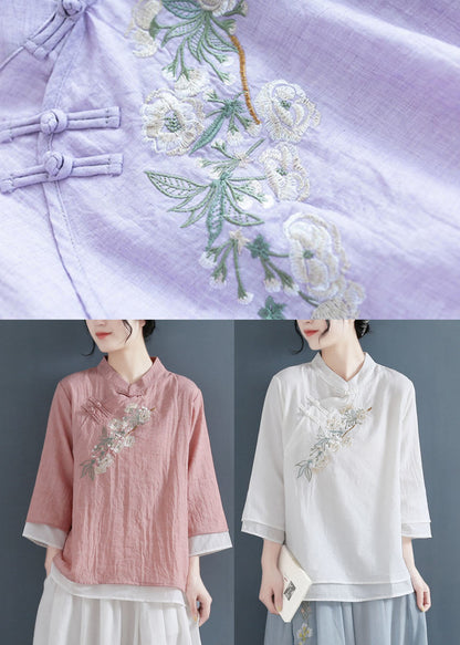 Purple Chinese Style Cotton Blouse Tops Layered Embroidered Three Quarter Sleeve