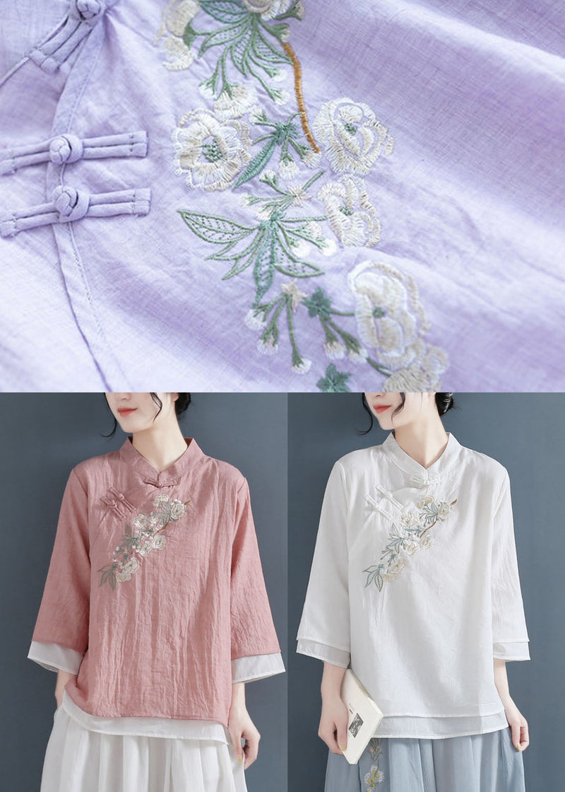 Pink Stand Collar Embroidered Cotton Fake Two Piece Shirts Three Quarter Sleeve