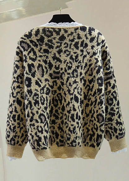 Loose Khaki Leopard Lace Patchwork Hole Cozy Cotton Knit Sweater Winter