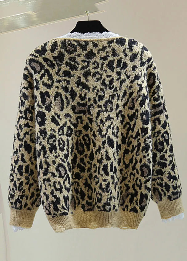 Loose Khaki Leopard Lace Patchwork Hole Cozy Cotton Knit Sweater Winter