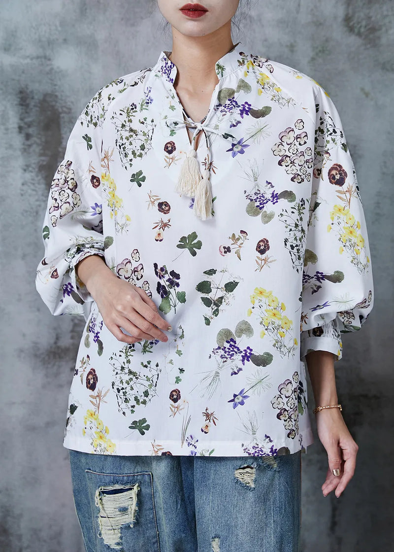 White Print Lace Up Chiffon Shirts Summer