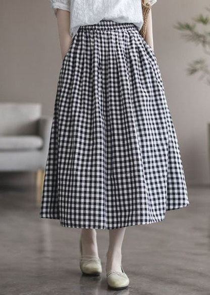 Plaid Wrinkled Pockets Patchwork Cotton Skirts Summer