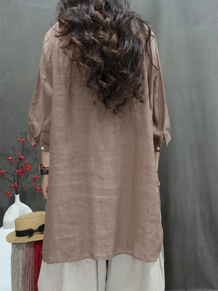 Summer Retro Embroidery O-neck Ramie Shirt