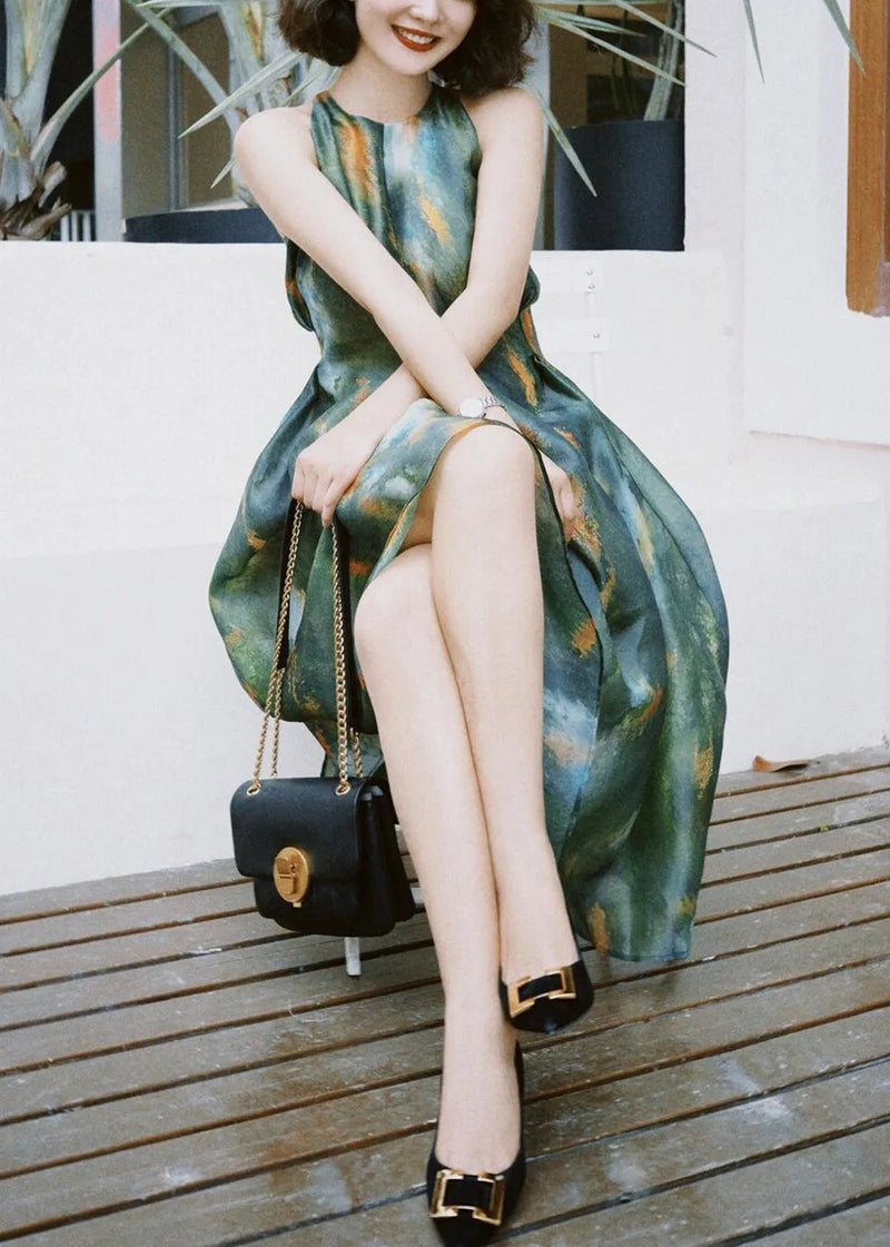 French Green Print High Waist Silk Long Dress Sleeveless