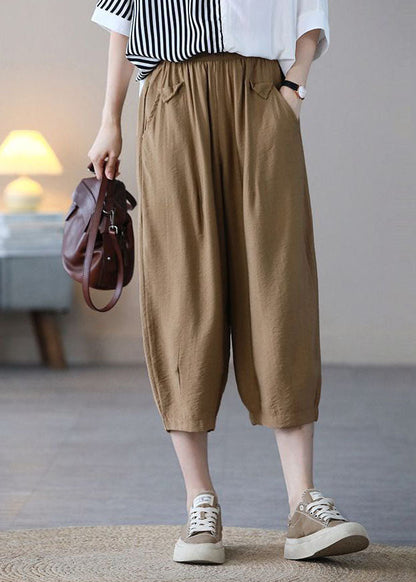 Khaki Elastic Waist Color Pockets Cotton Harem Pants Summer