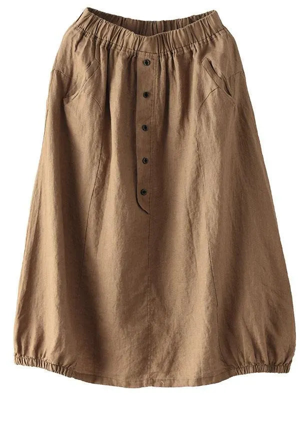 Khaki Linen Elastic Waist Button Skirt