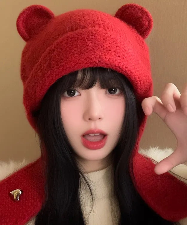 Red Thick Knit Ear Protection Warm Bonnie Hat