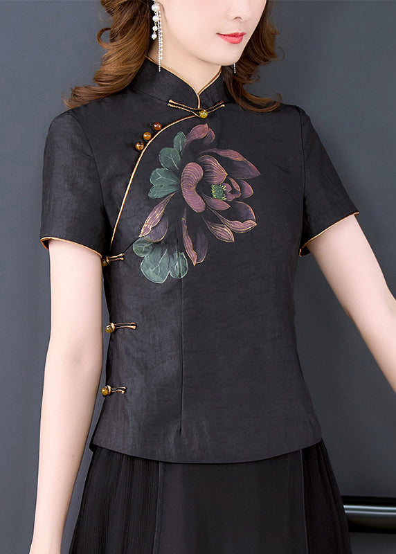 Black Stand Collar Print Chinese Button Silk Shirt Tops Summer
