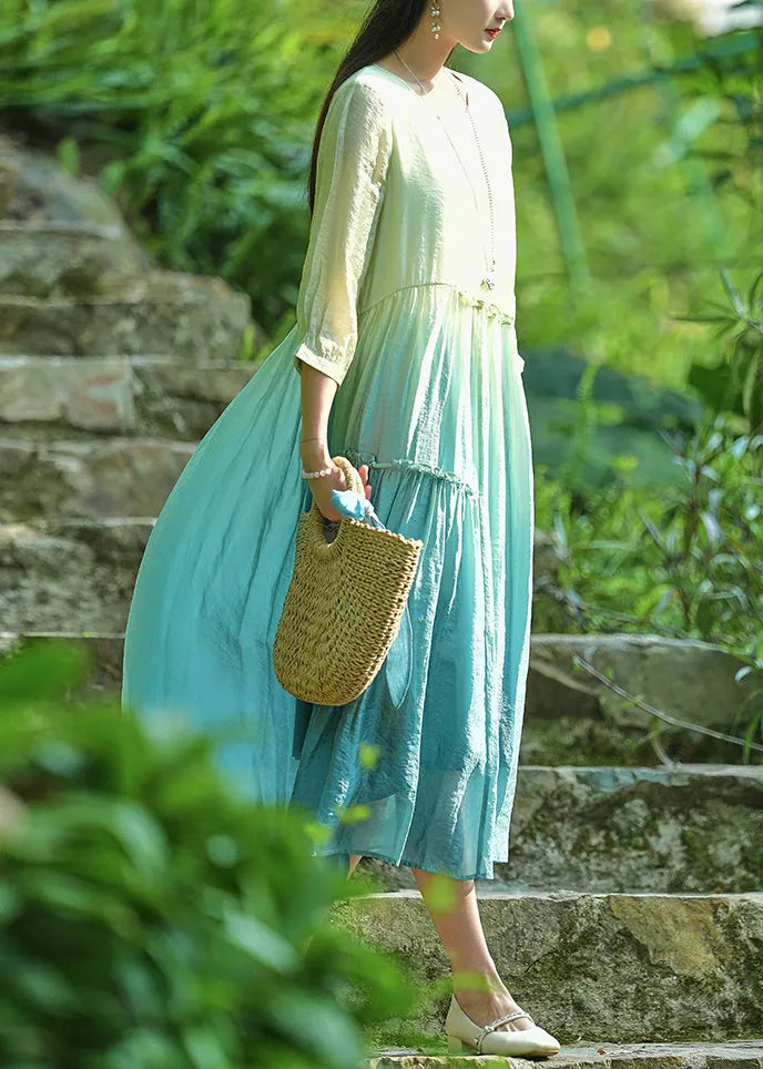 Gradient Color O-neck Ruffled Cotton Long Dresses Bracelet Sleeve