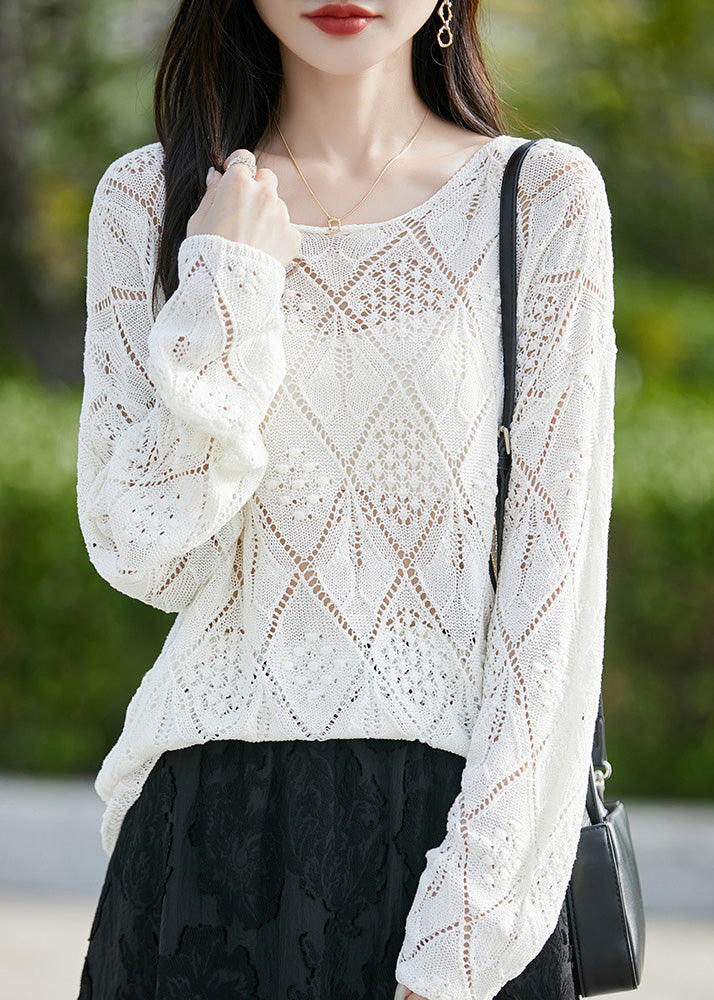 White O Neck Hollow Out Thin Knit Sweater Fall