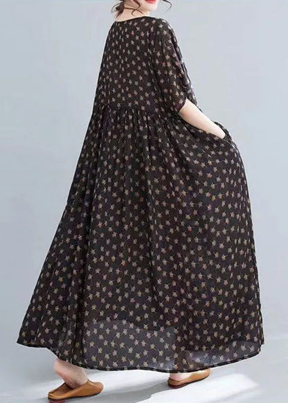Coffee O Neck Print Wrinkled Patchwork Cotton Long Dresses Summer