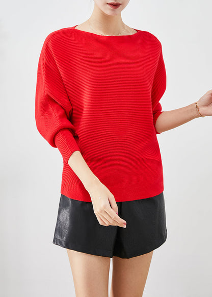 Red Slash Neck Knit Sweater Tops Batwing Sleeve