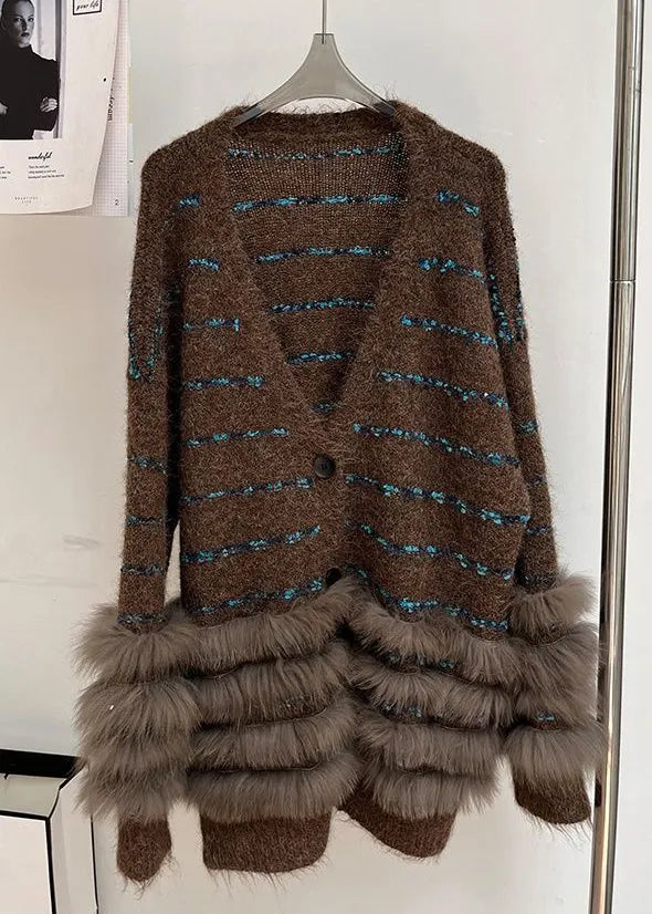 Striped Coffee V Neck Fluffy Patchwork Knit Cardigans Winter
