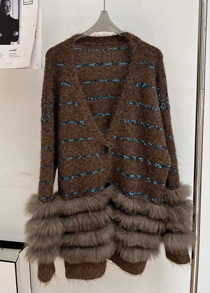 Striped Coffee V Neck Fluffy Patchwork Knit Cardigans Winter