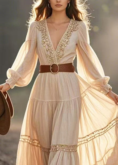 Beige Cinched Fuzzy Ball Decorated Exra Large Hem Dresses Spring