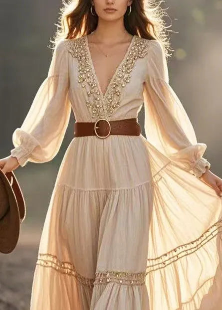 Beige Cinched Fuzzy Ball Decorated Exra Large Hem Dresses Spring