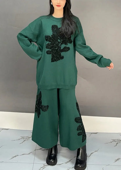 Blackish Green Sweatshirt and Wide Leg Pants Cotton Two Piece Set Embroidered Fall