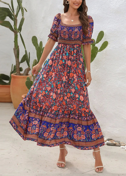 Cold Shoulder Print Wrinkled Cotton Long Dress Summer