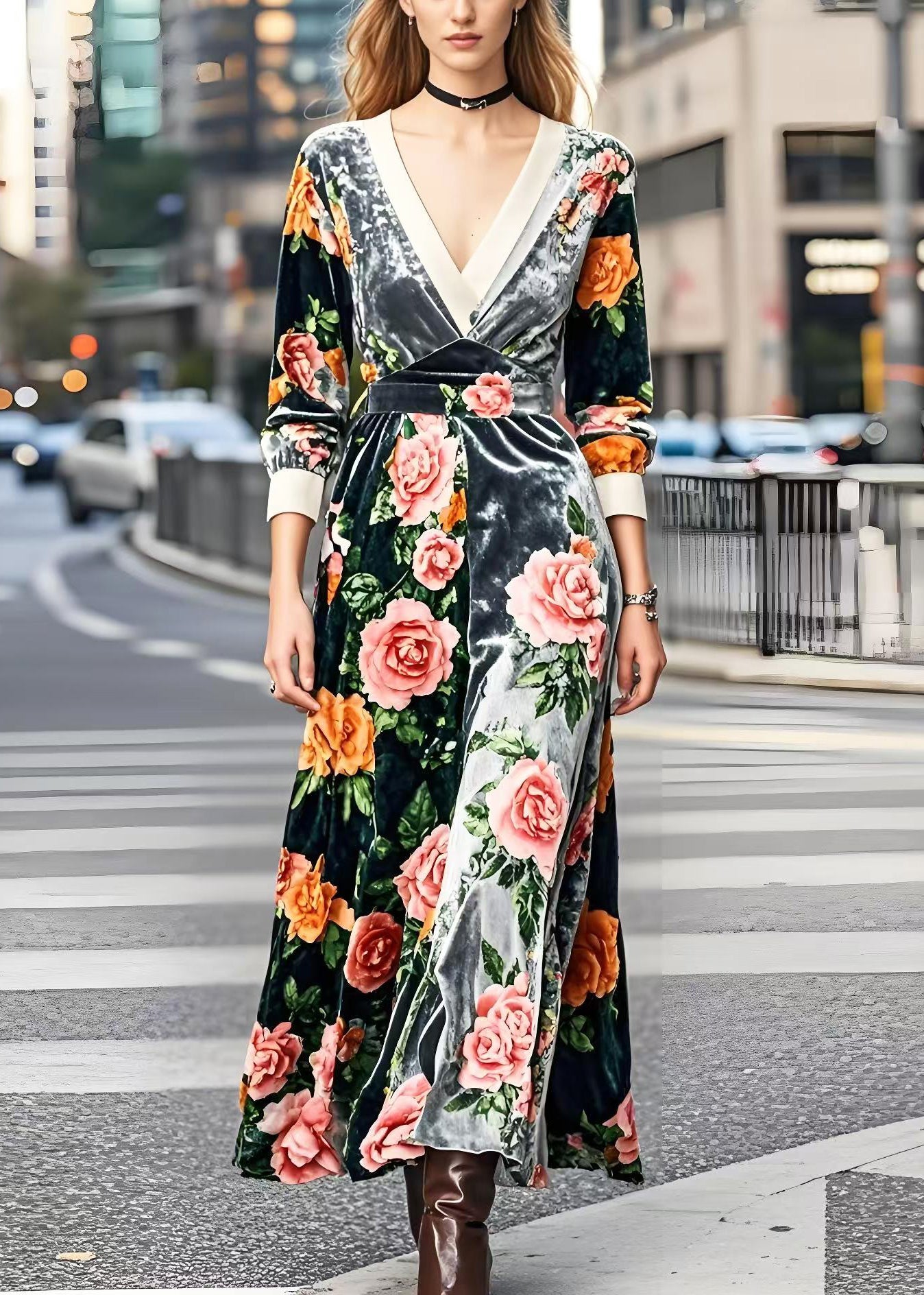 Silm Fit V Neck Patchwork Silk Velvet Robe Dresses Spring