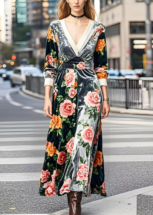 Silm Fit V Neck Patchwork Silk Velvet Robe Dresses Spring