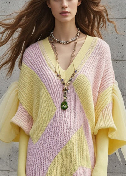 Diy Colorblock V Neck Patchwork Tulle Sweater Dress Fall