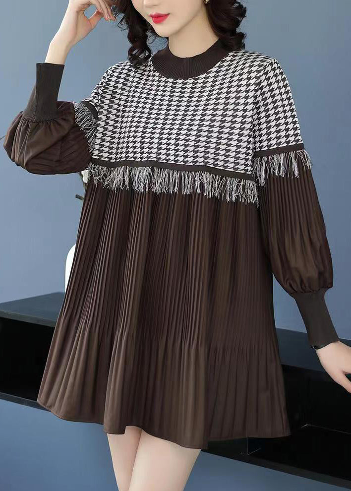 Coffee O-neck Tasseled Wrinkled Patchwork Cotton Mid Dress Lantern Sleeve