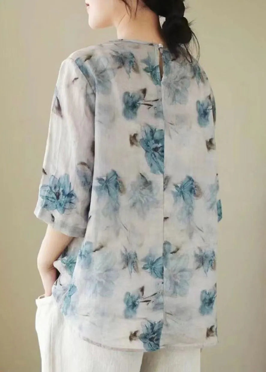 White V Neck Print Chinese Button Patchwork Linen Blouse Top Summer