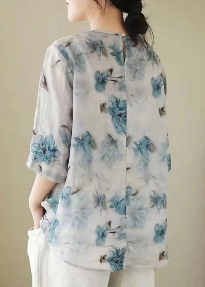 White V Neck Print Chinese Button Patchwork Linen Blouse Top Summer