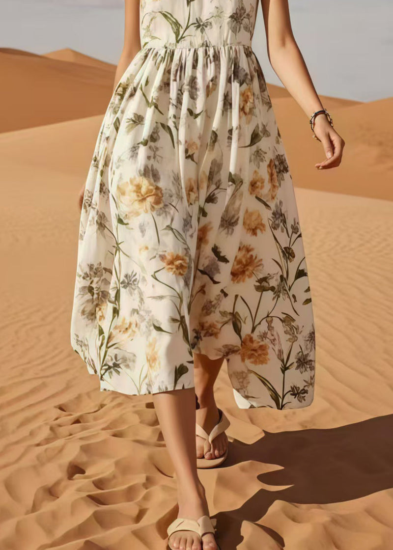 Organic White O-neck Print Cotton Maxi Dress Summer